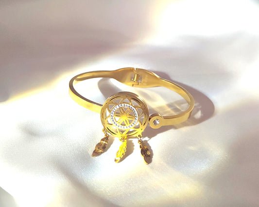 Bracciale rigido acchiappasogni con tre piume portafortuna in acciaio inossidabile
